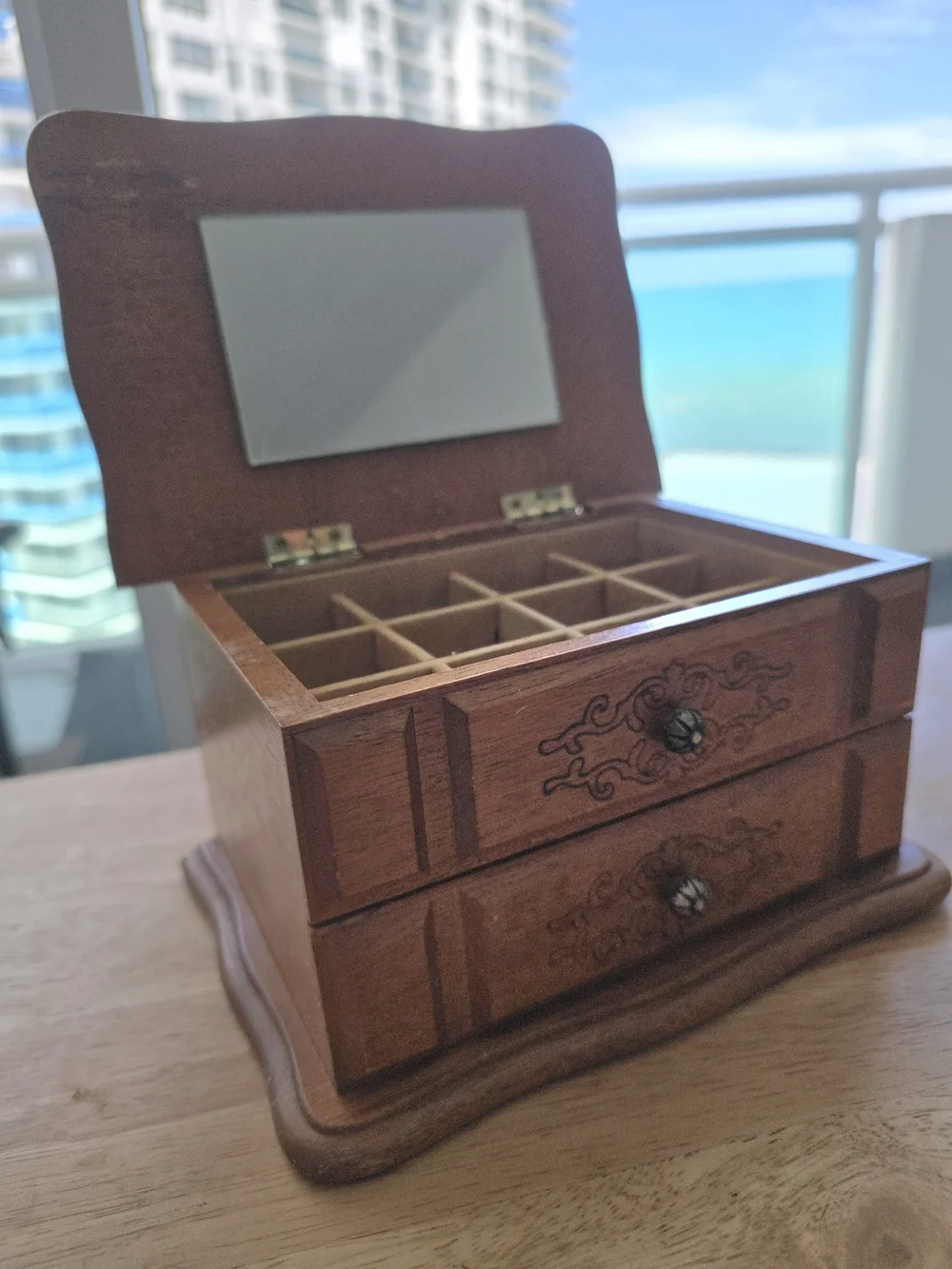 Vintage Brown Wooden Jewelry Organizer with Mirror